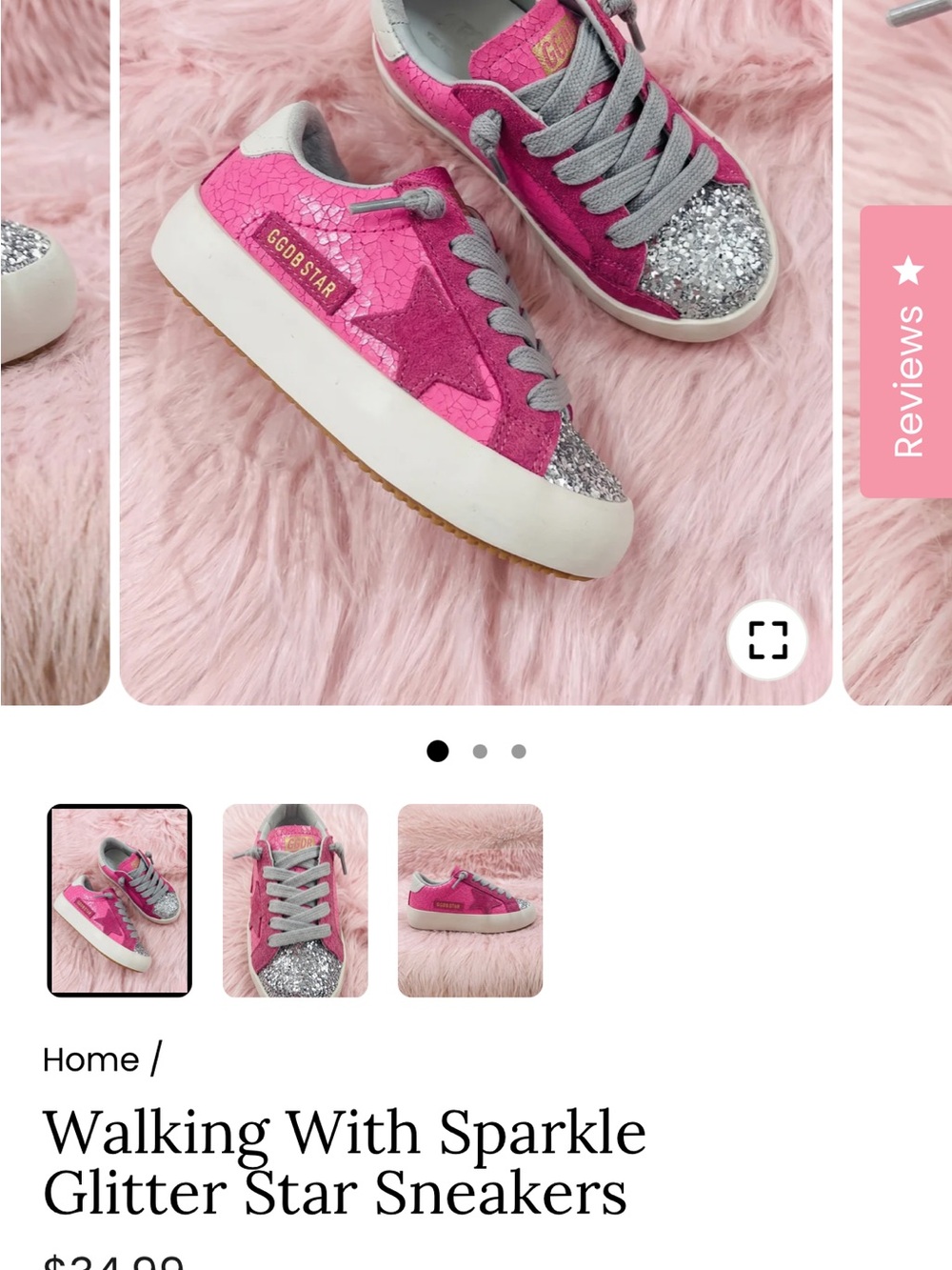 Kids Glitter Star Sneakers in Hot Pink with Silver Toe